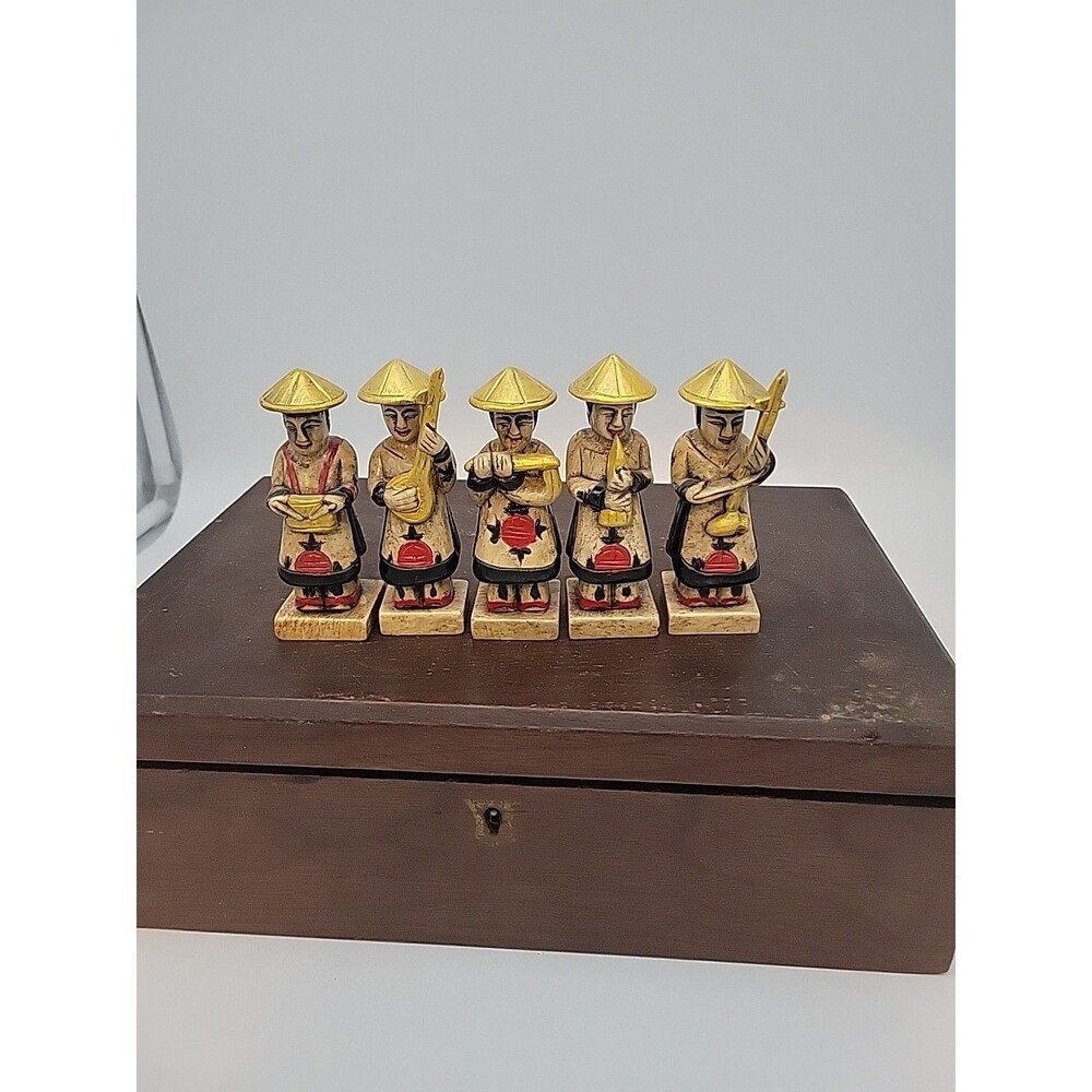 Vtg Chinese Musicians Soapstone Figurines Red Gold Set Of 5 Band Music